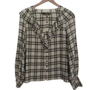 Sézane Women Sz XS Angela Shirt Beige Tiles Virgin Wool Blend Button Up Blouse